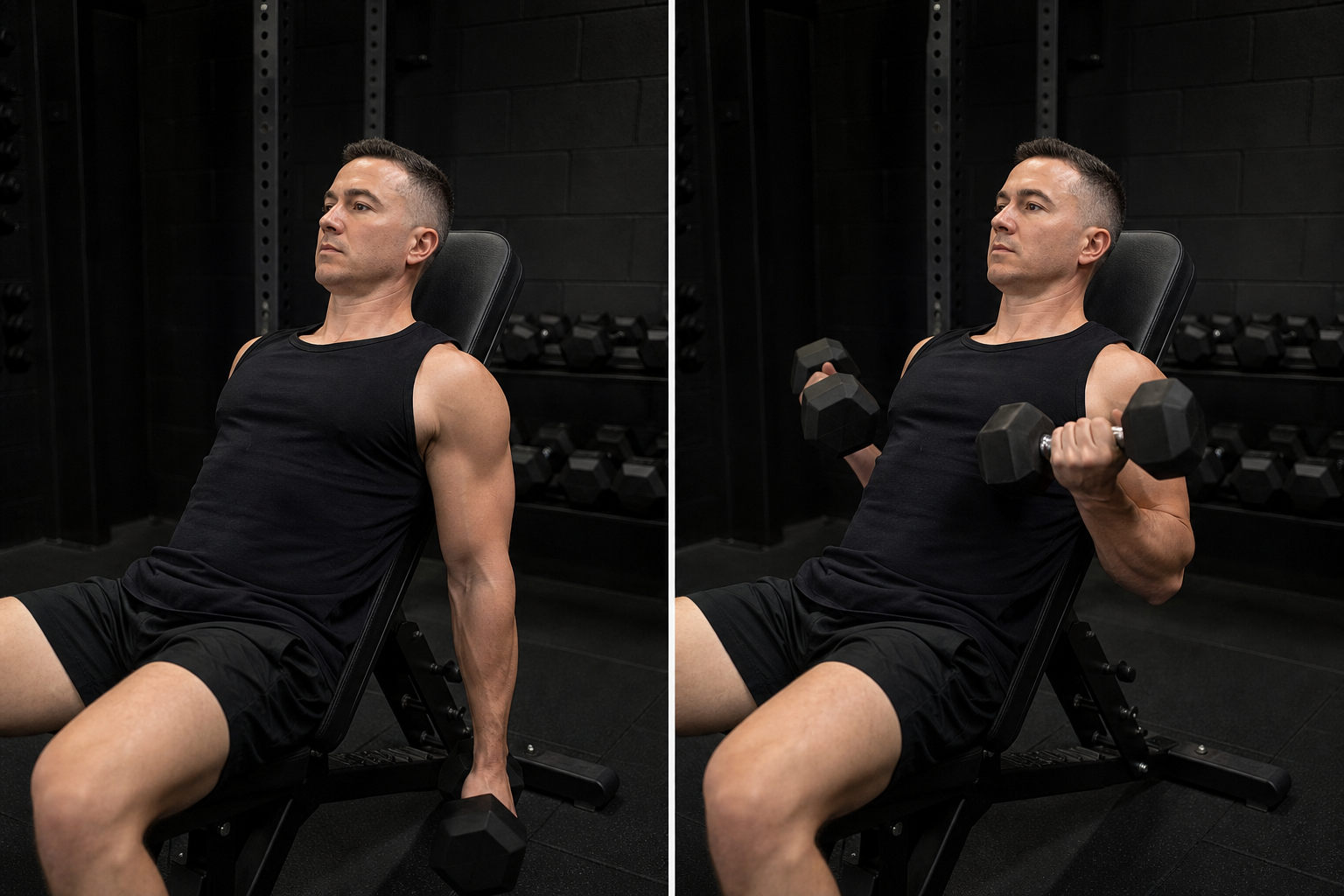 Start and finish demonstration of Incline Dumbbell Curl
