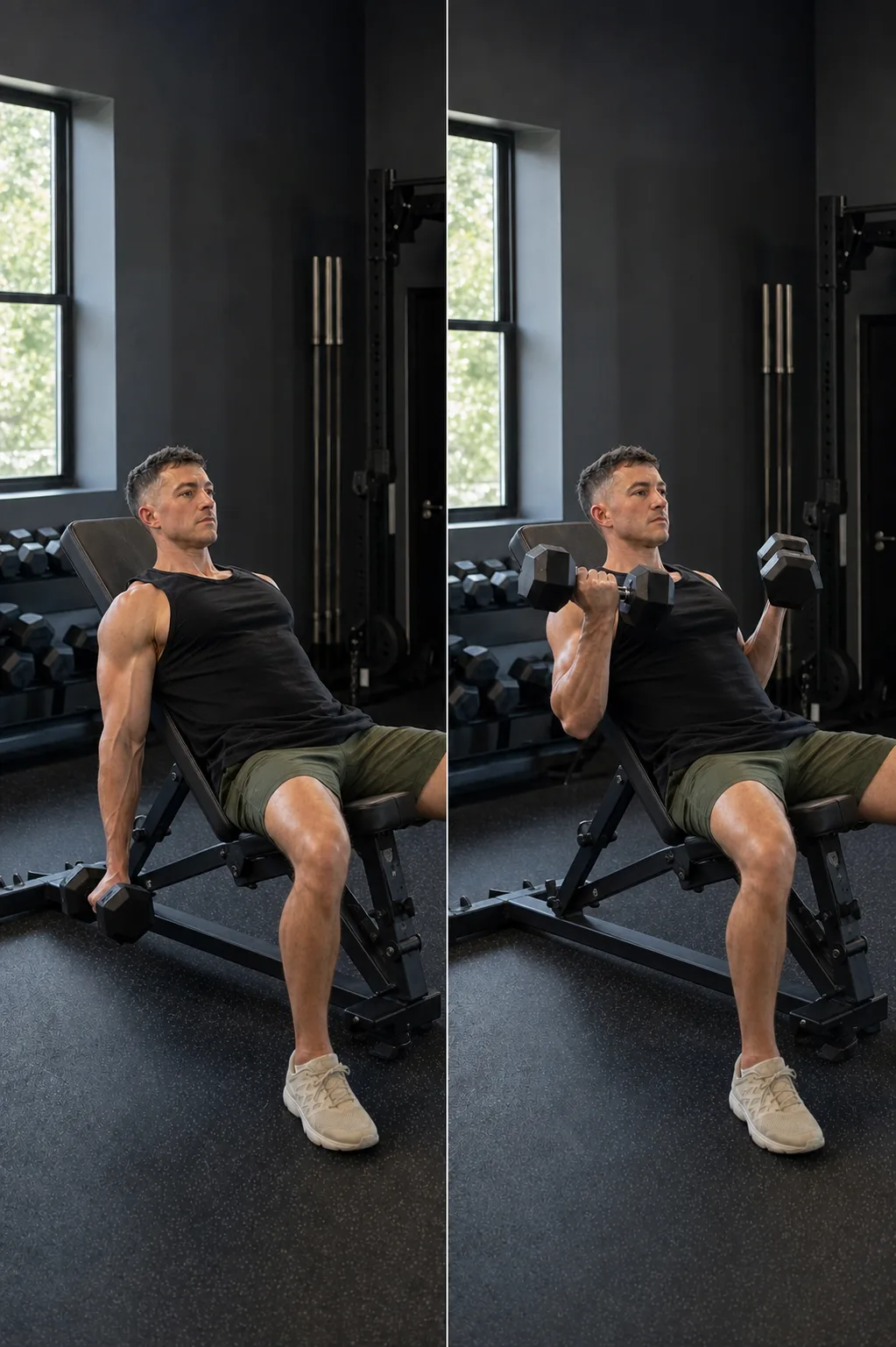 Start and finish demonstration of Incline Dumbbell Curl