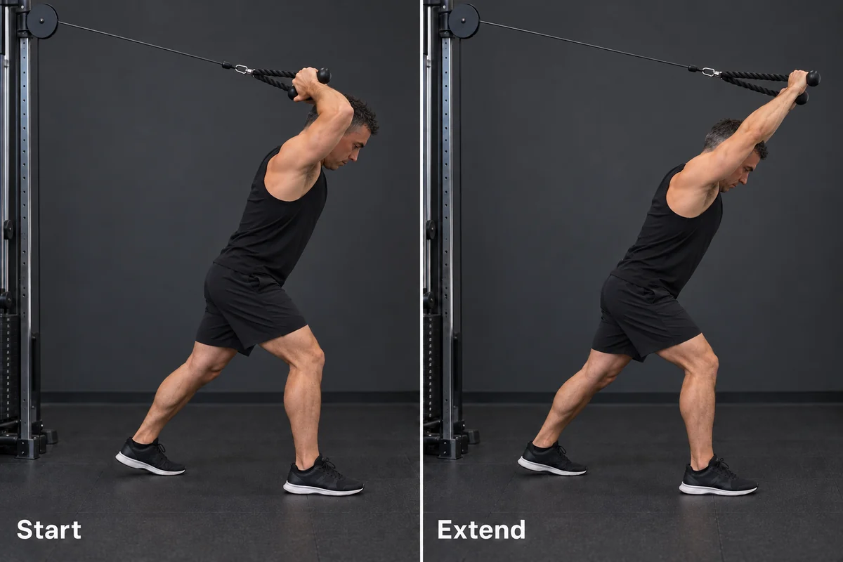 Side views of a high-pulley overhead rope triceps extension, from bent elbows to straightened elbows in a split stance.