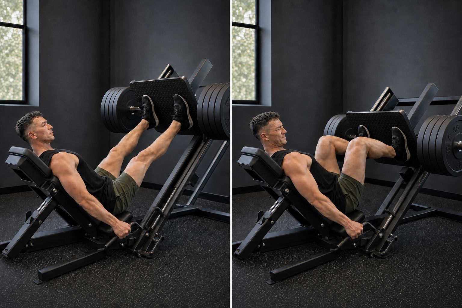 Start and finish demonstration of 45-Degree Leg Press