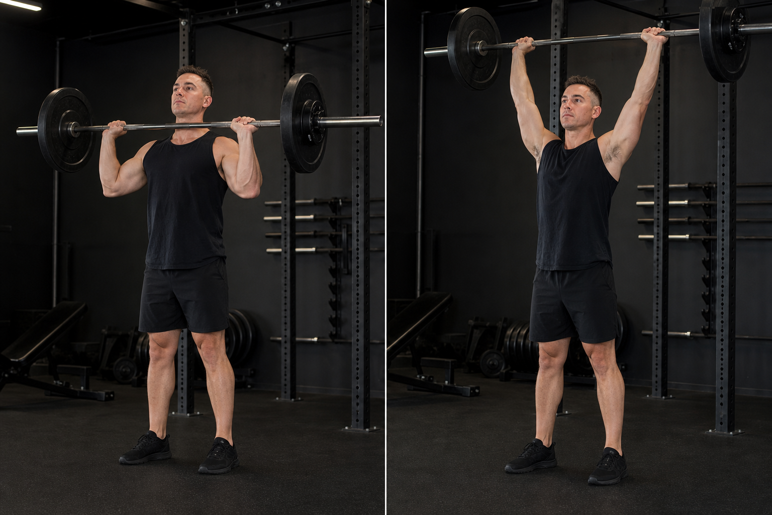 Start and finish demonstration of Standing Overhead Barbell Press