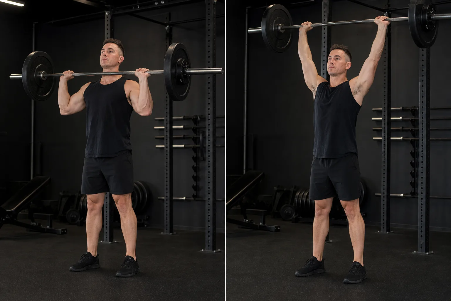 Start and finish demonstration of Standing Overhead Barbell Press