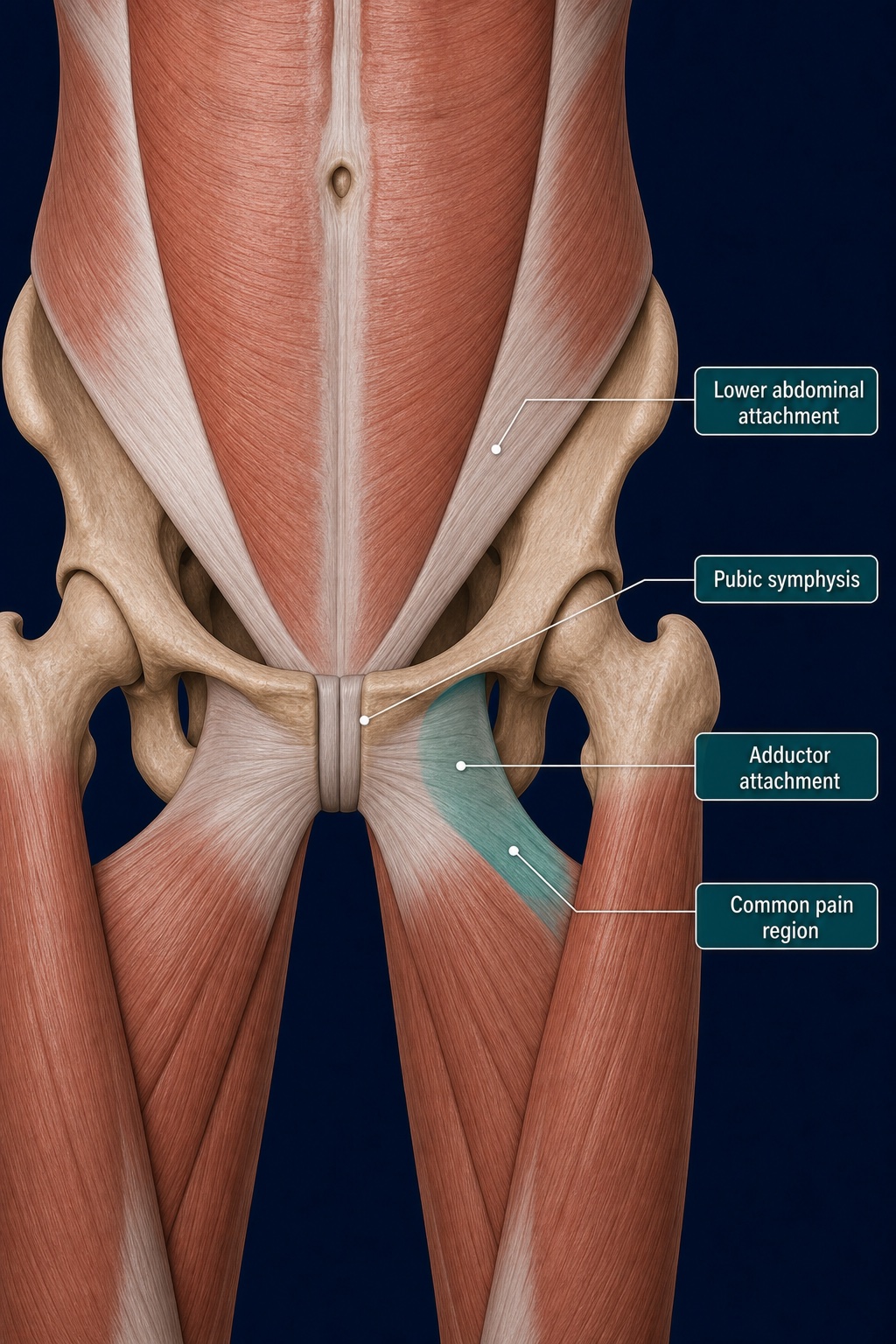 The lower abdominal and adductor attachment region beside the pubic symphysis highlighted in teal.