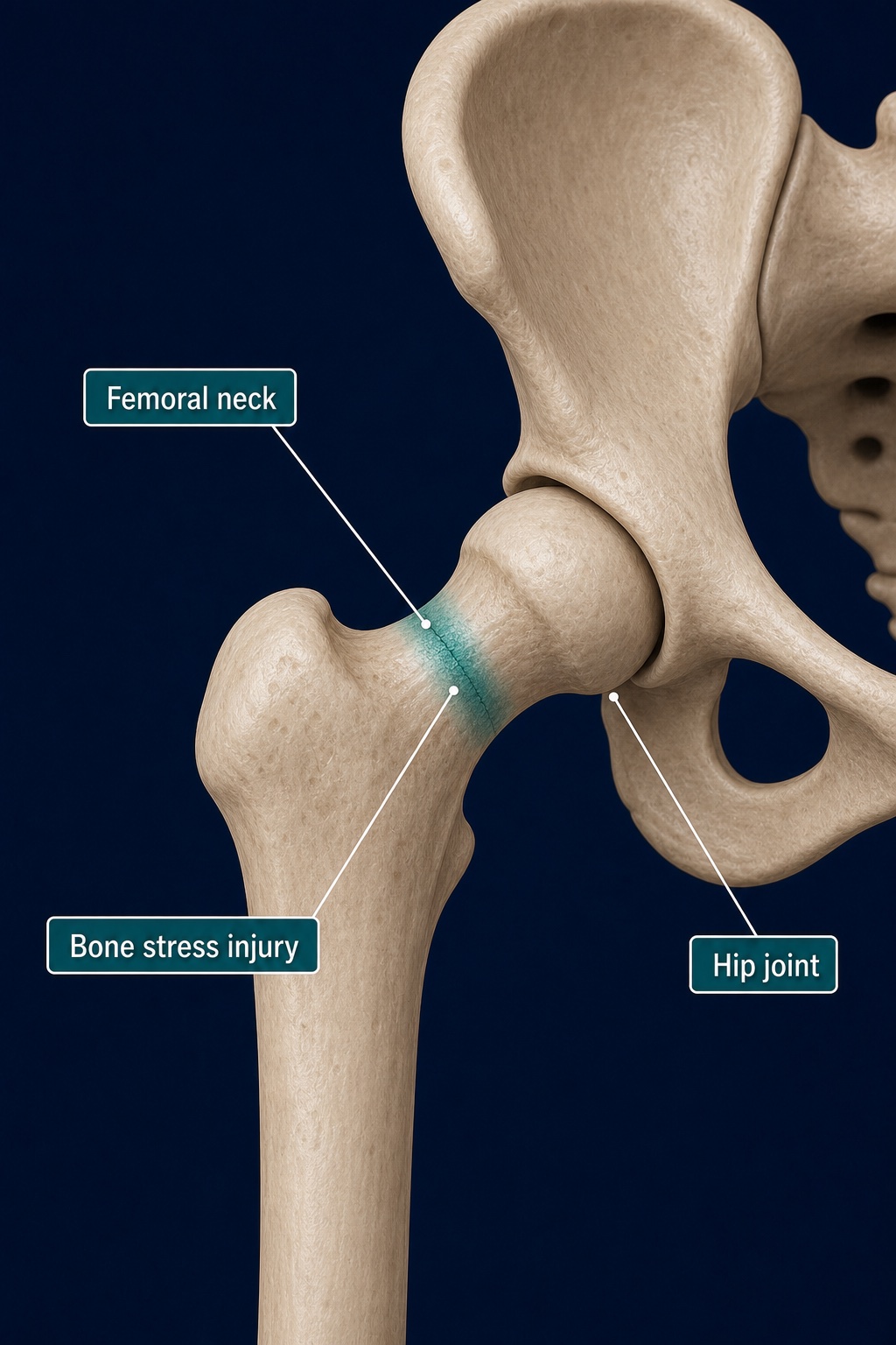 A focal femoral-neck bone stress injury highlighted in teal between the femoral head and upper femur.