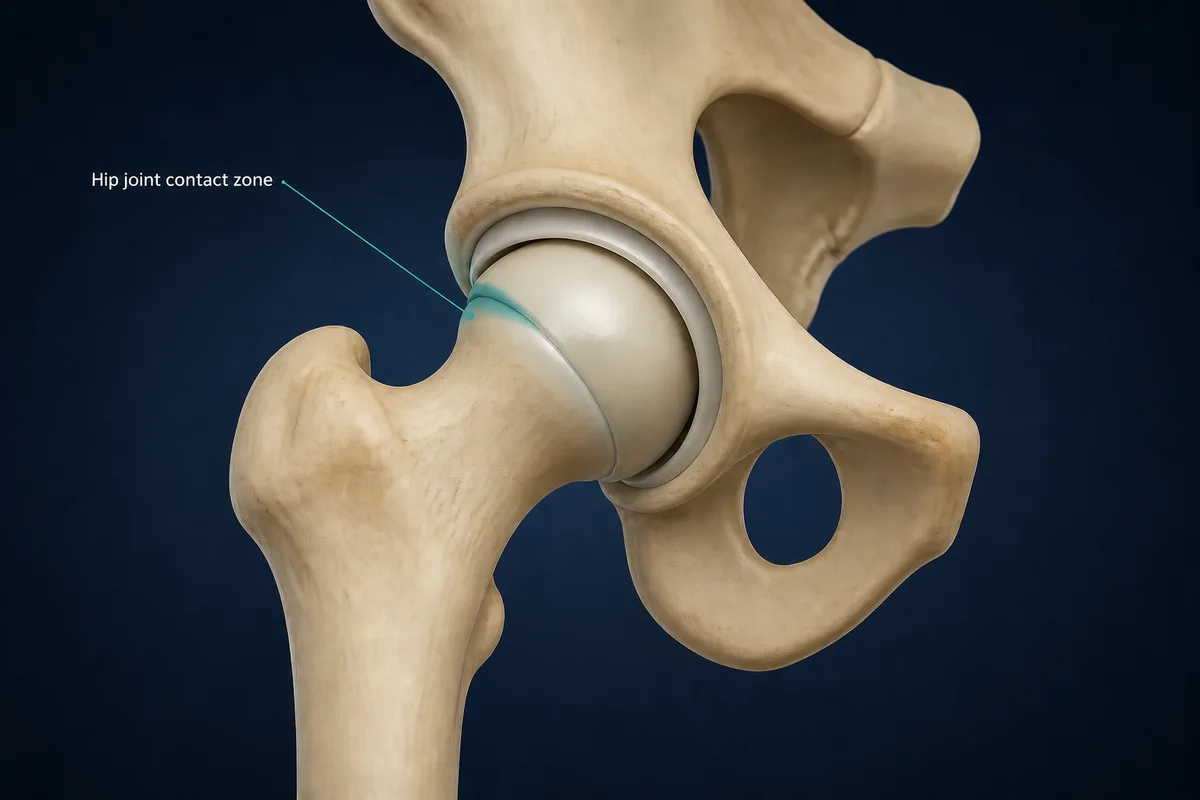 A clean cutaway hip-joint illustration highlighting the femoral head-neck junction and socket rim where femoroacetabular impingement can occur.