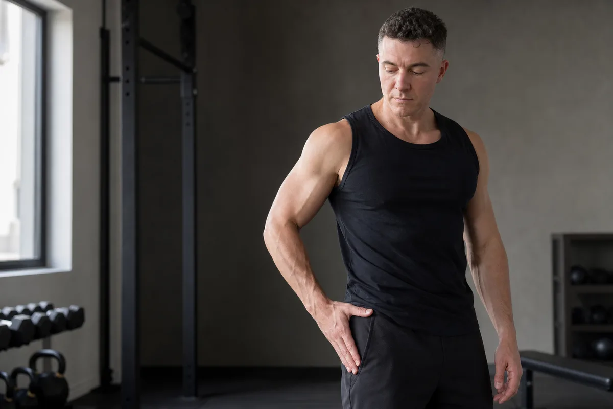 A fit man holding the deep front crease of his hip after a painful squat.