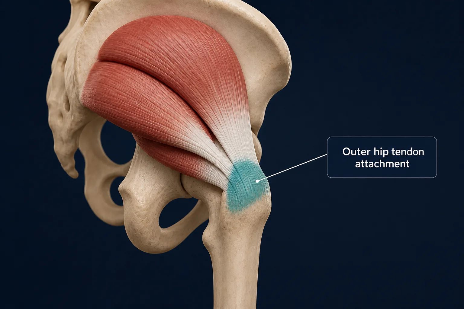 Side-view hip anatomy highlighting the outer hip tendon attachment.