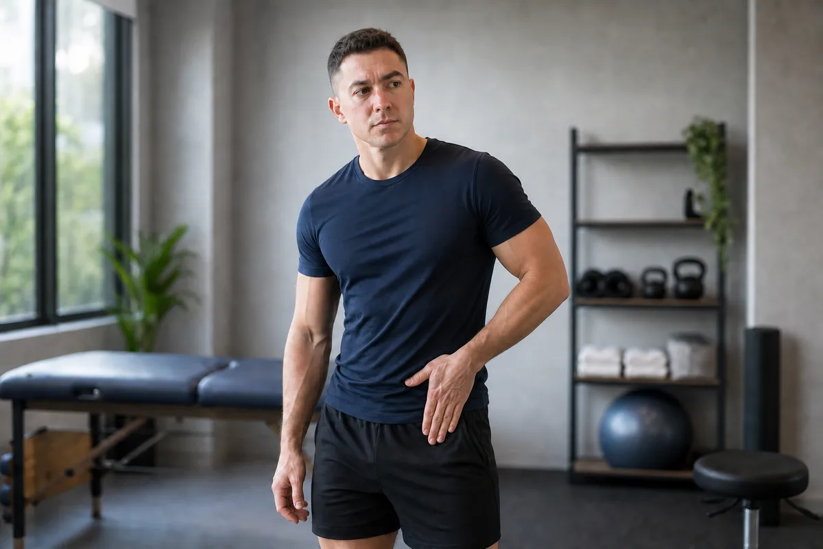 An athletic man holding the front crease of his hip after developing hip-flexor pain.