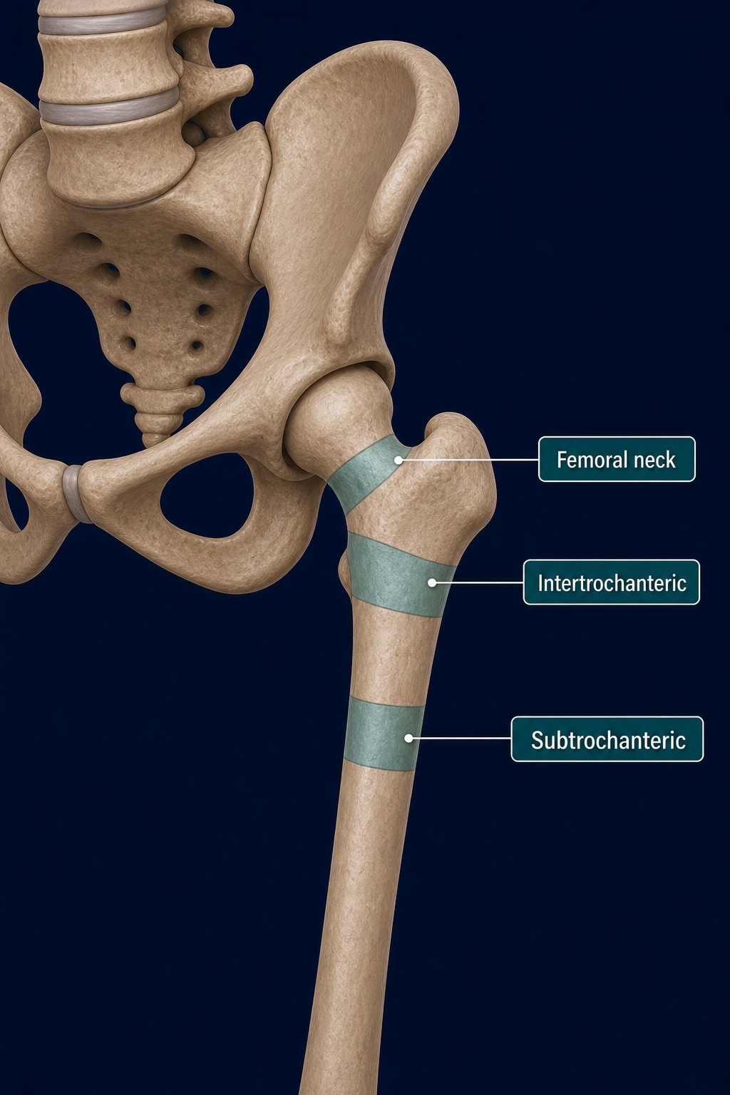The femoral neck, intertrochanteric and subtrochanteric hip-fracture regions highlighted and labelled on the upper femur.