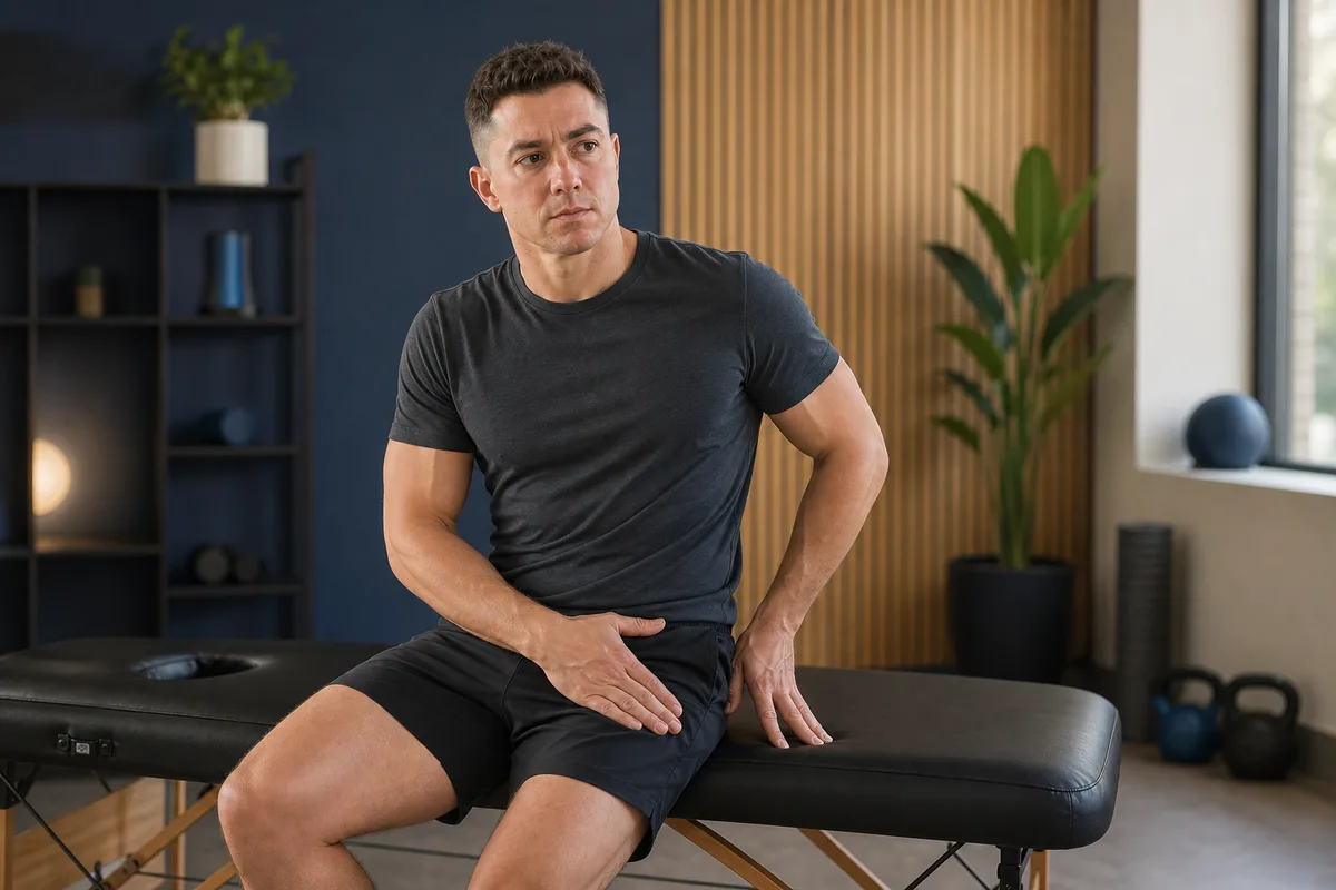 An athletic man holding the deep front crease of his hip while seated with hip pain.