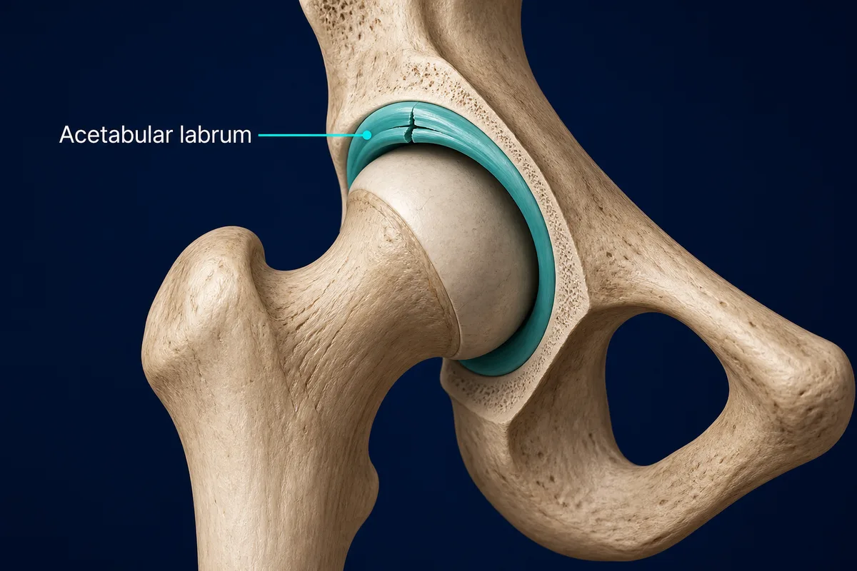 A cutaway hip joint highlighting the acetabular labrum and a focal labral tear in teal.