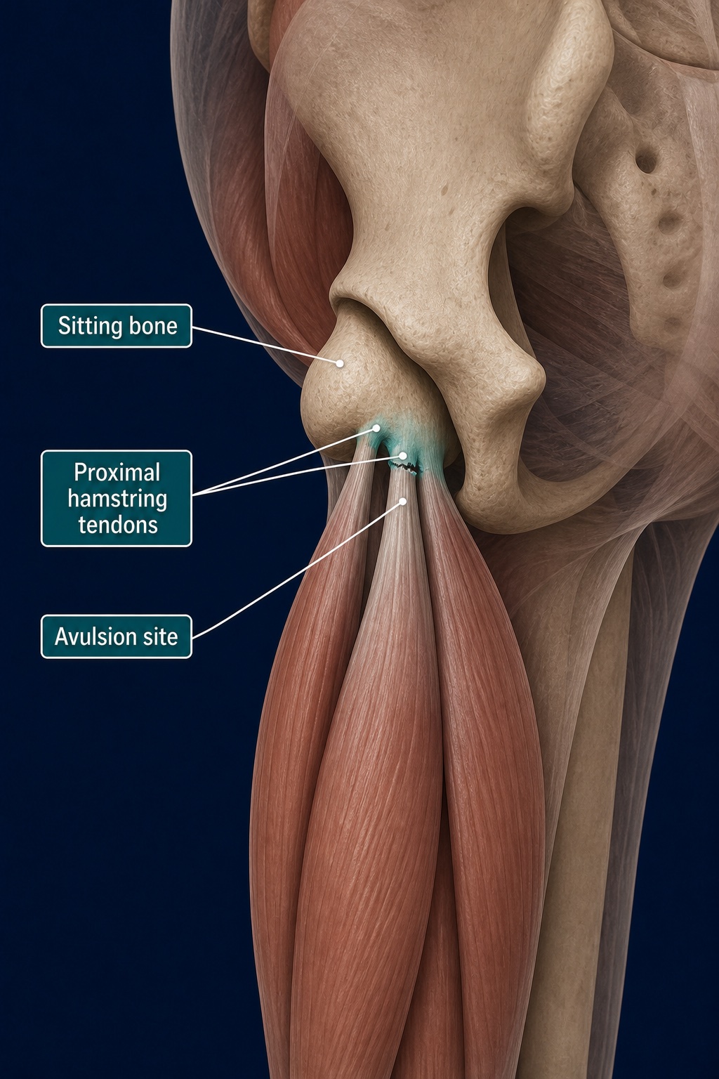The proximal hamstring tendons and their attachment to the sitting bone, with an avulsion site highlighted in teal.