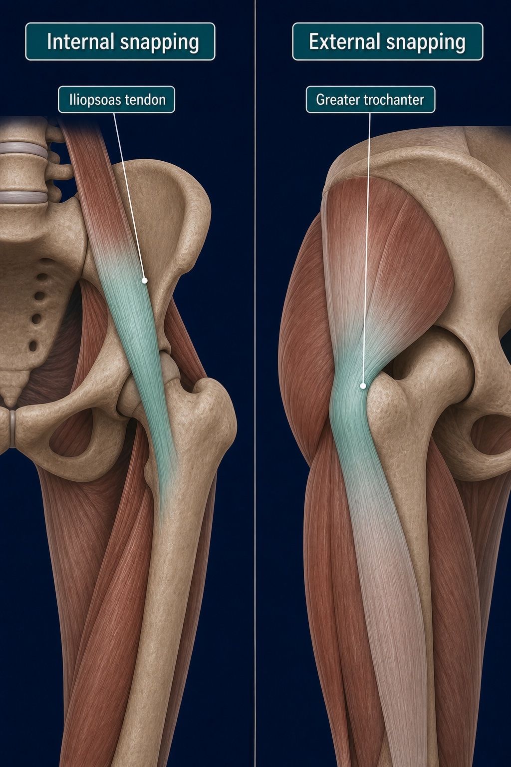 Internal snapping at the iliopsoas tendon and external snapping over the greater trochanter shown in two labelled panels.