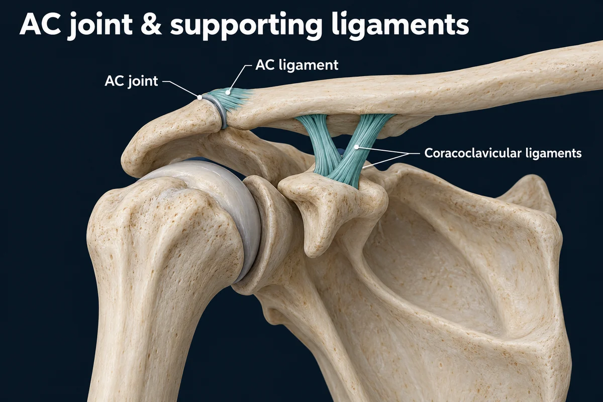 The AC joint above the humeral head, with the AC and coracoclavicular ligaments highlighted in teal.