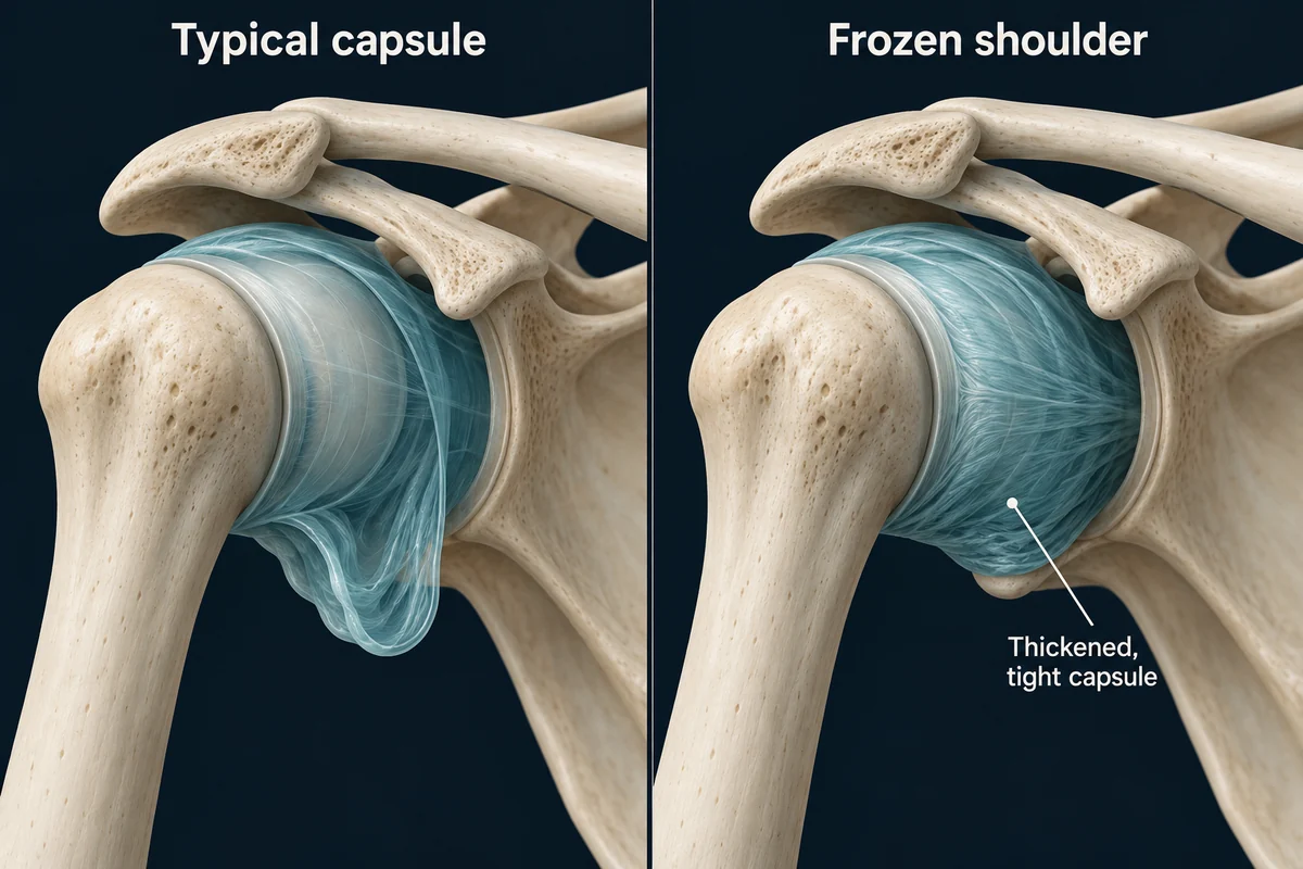 Comparison of a typical loose shoulder joint capsule and a thickened, tighter capsule in frozen shoulder.