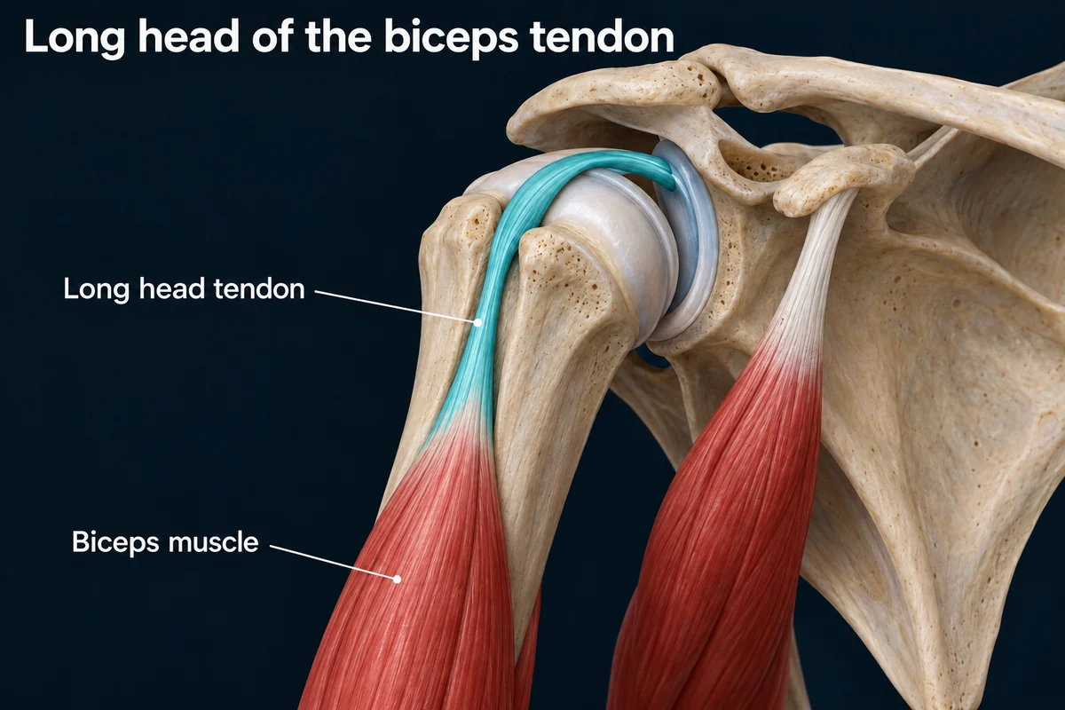 The long head of the biceps tendon highlighted in teal as it passes over the humeral head and down the front of the upper arm.