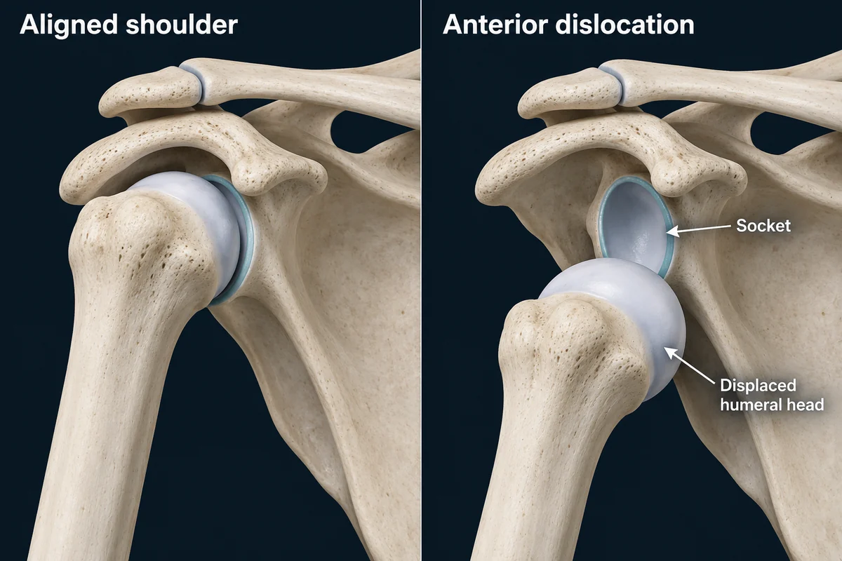 Side-by-side shoulder illustrations show the humeral head seated in its socket and displaced out of the socket in an anterior dislocation.