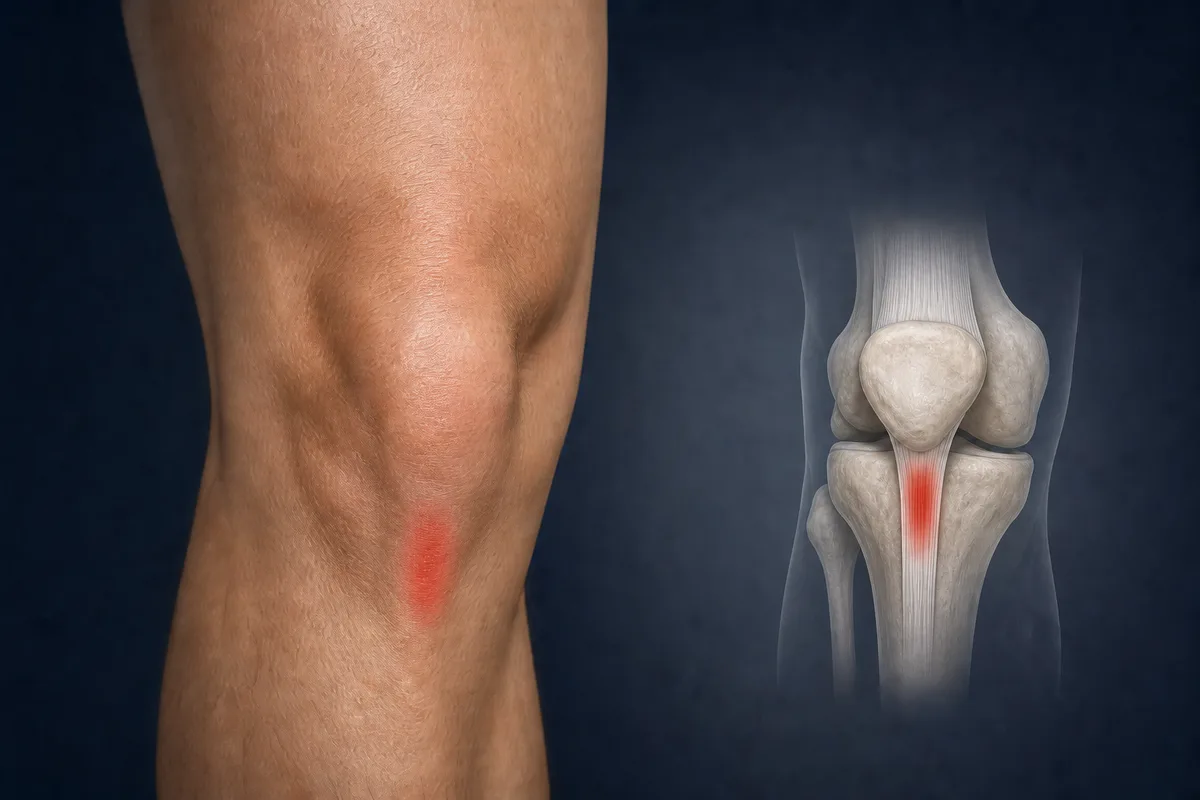 Patellar tendinopathy pain at the upper patellar tendon immediately below the kneecap.