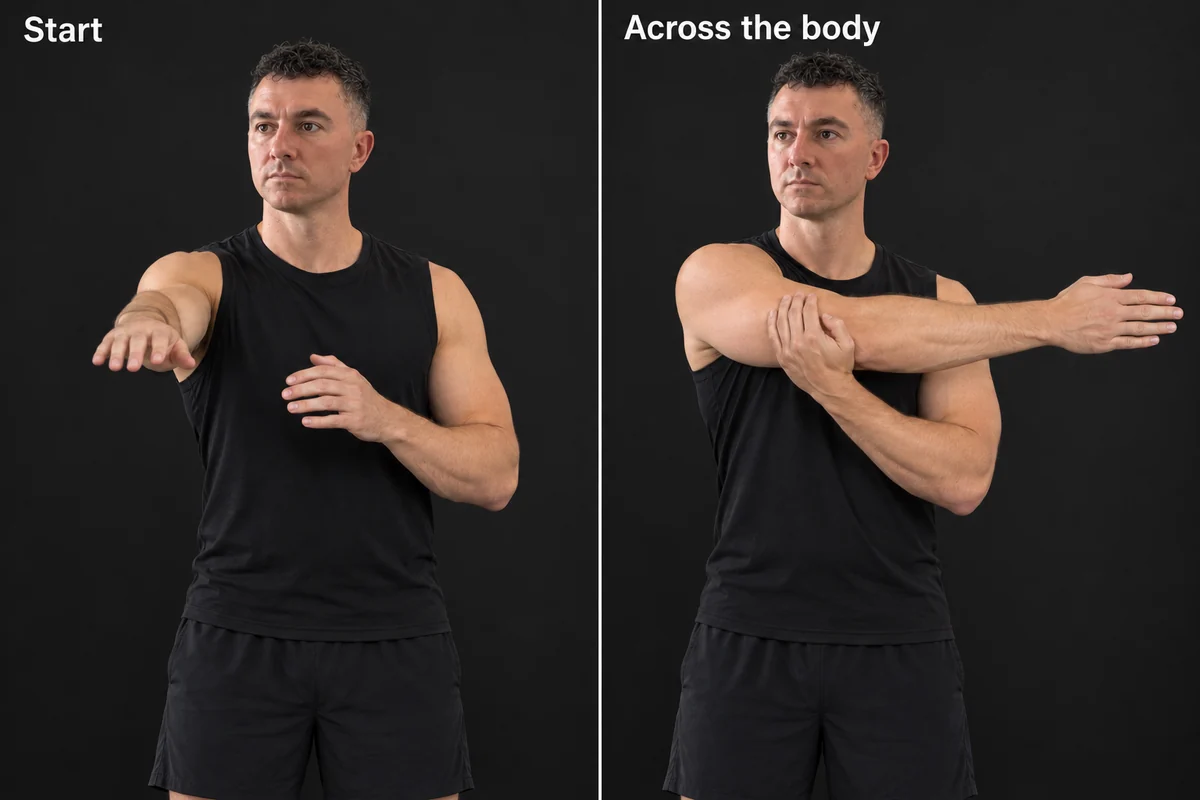 Two positions of a cross-body shoulder stretch: arm forward, then across the chest with the opposite hand supporting the upper arm.