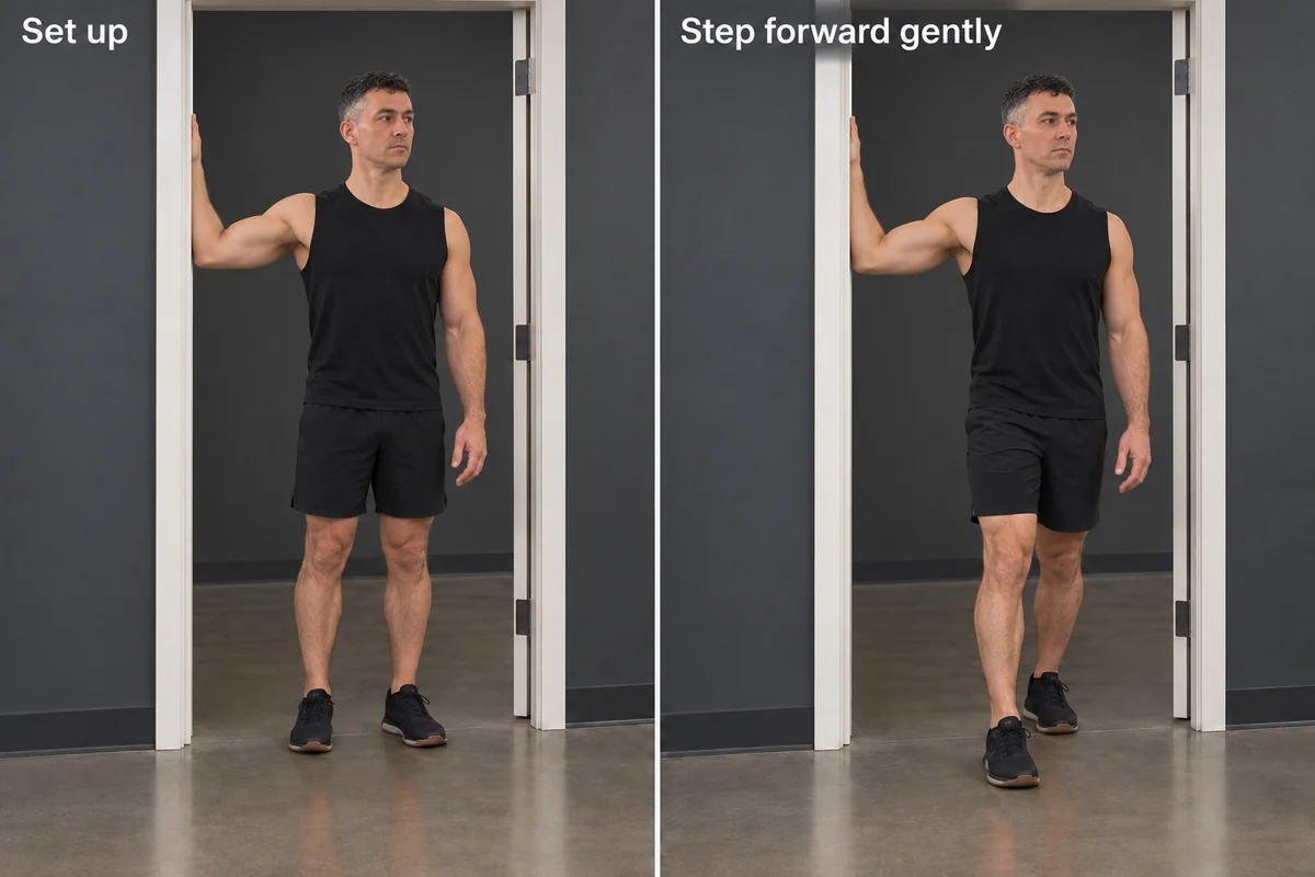 A person places one bent arm against a doorframe, then steps slightly forward while keeping the forearm in contact with the frame.