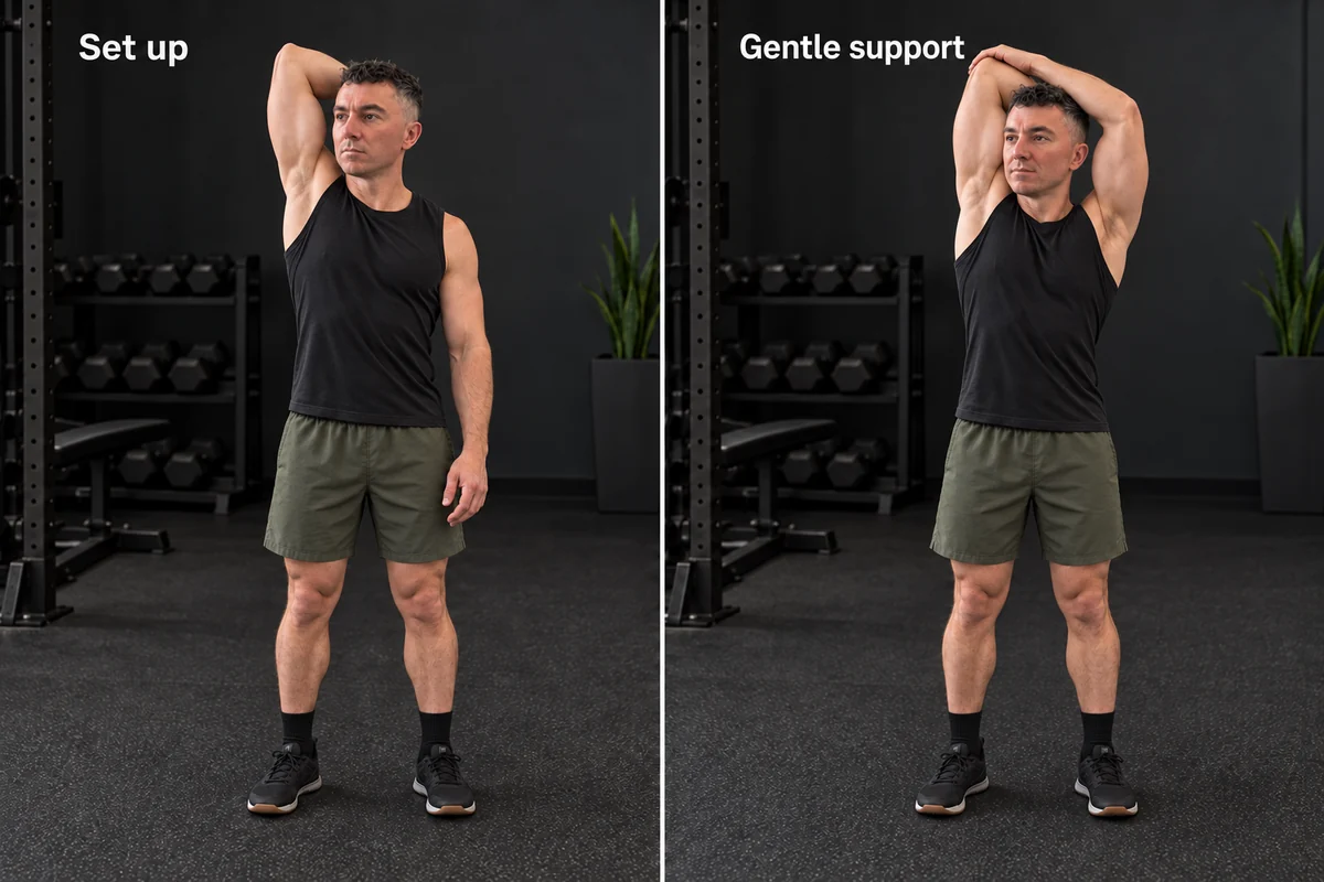 An overhead triceps stretch, with the opposite hand gently supporting the bent elbow and the torso upright.