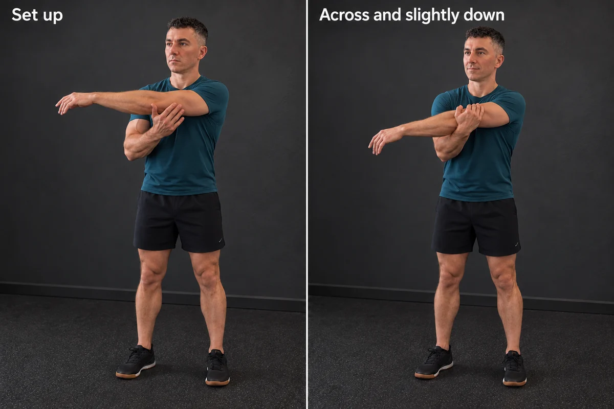 The arm is guided across the chest and slightly downward, with gentle support just above the elbow.