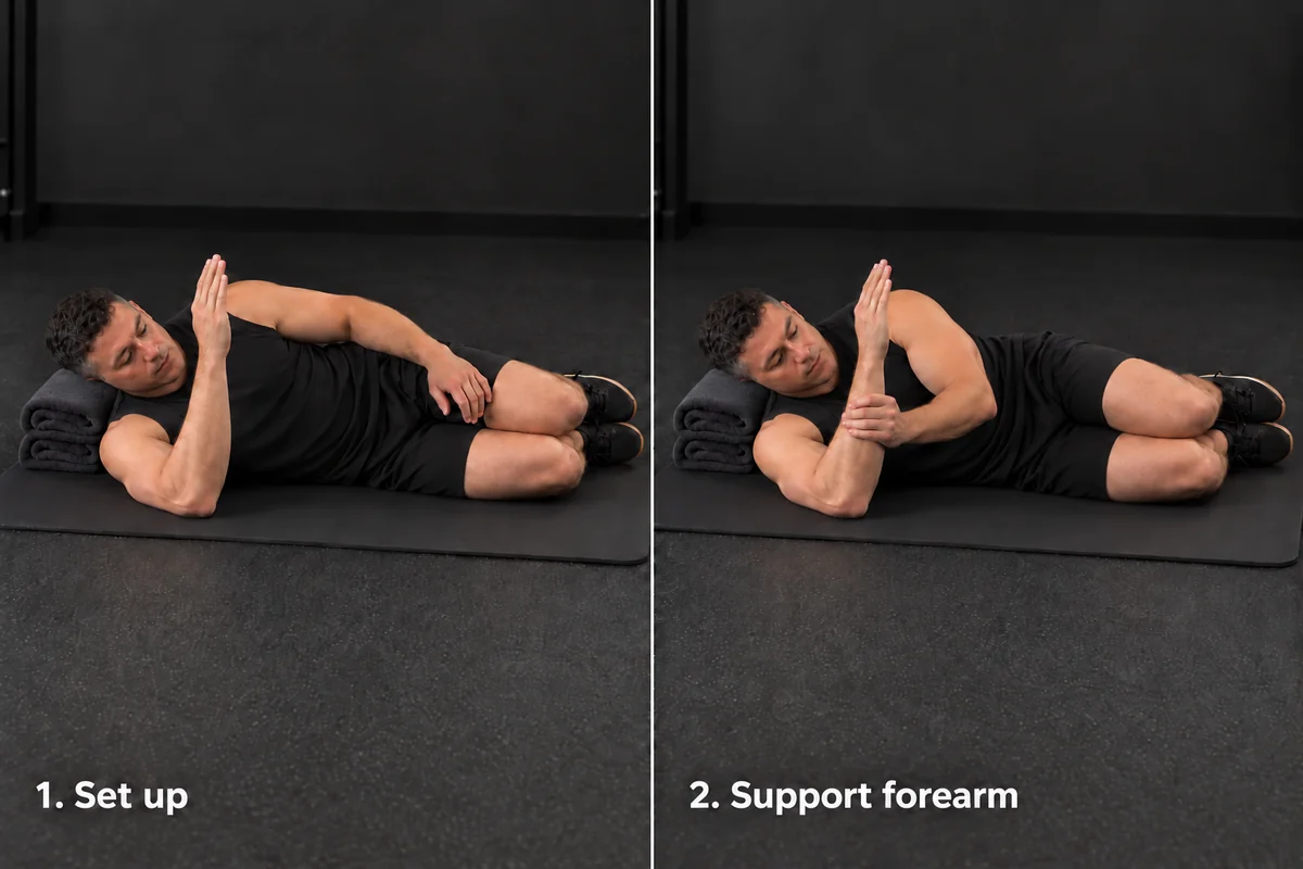 Side-lying sleeper-stretch setup, with the head supported and the opposite hand supporting the upright forearm.