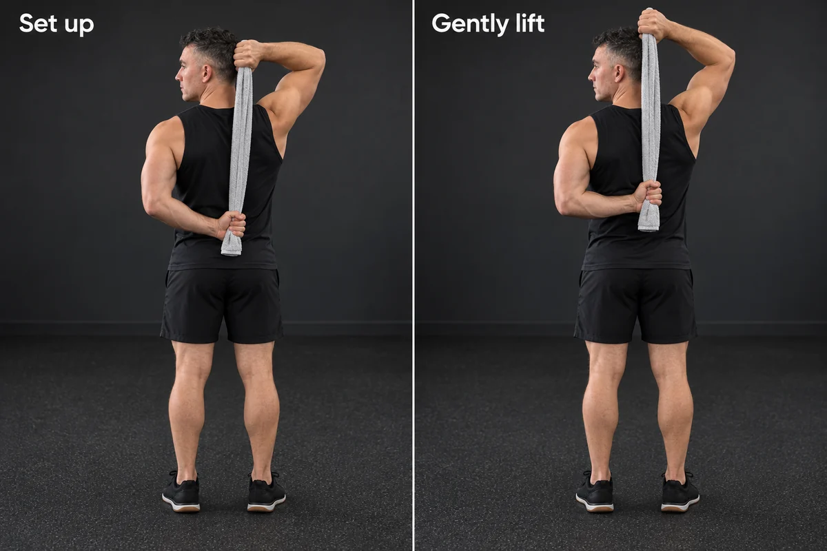 A towel held behind the back lets the upper hand gently assist the lower hand a short distance upward.